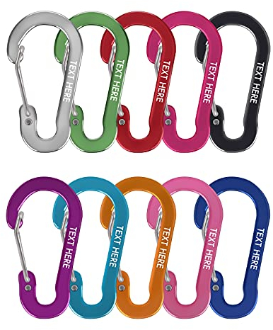 Personalisierte Text Gravur Karabiner Mit Gefederter Verschluss - S Form Set, Alu - Für Hängematten, Camping, Wandern Oder Reisen (Modell 1, 10 Stück)
