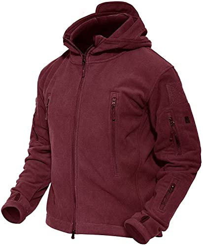 MAGCOMSEN Tactical Fleece Jacket Zip Up Winter Jacket Hiking Walking Hooded Fleece Wind Red, M