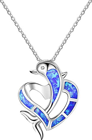 Kette Damen Geschenke Für Sie Herzkette Halskette Damen Feder Anhänger Boho Opal Damen Silber Delphin Liebe Anhänger Halskette Anhänger Temperament Mode Halsketten & Anhänger (A, One Size)