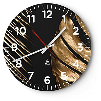 Modern Wanduhr Golden Blatt Monstera 30x30cm Rund Klein Wand Uhr Glas Analog Zimmeruhren Küche Büro Wohnzimmer Glasuhr Wall Clock Dekoration Design Wanddekoration Küchenuhr C4AR30x30-5028