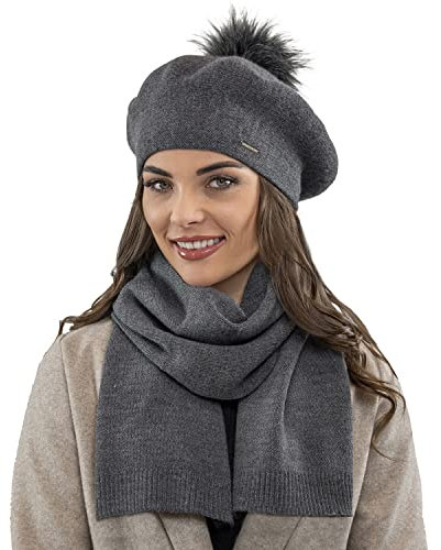 VIVISENCE Elegantes Damen Winter Set Aus Baskenmütze Mit Bommel Und Schal Aus Warmem Garn Mit Wollzusatz Perfekte Für Elegante Und Sportliche Outfits Ideal Für Kalte, Dunkelgrau,Einheitsgröße