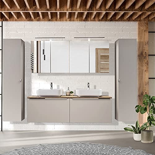 Lomadox Badezimmermöbel Komplett Badmöbel Set Taupe mit Vintage Eiche Nb, 2 Keramik-Waschbecken, 160cm Waschtisch-Unterschrank, 2 LED-Spiegelschränke, 2 Hochschränke