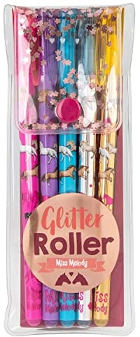 Depesche 12109 Miss Melody - Glitter Gelstifte-Set im transparenten Täschchen mit Druckknopf-Verschluss, 5 Stifte in Glitzerfarben zum Schreiben und Verzieren