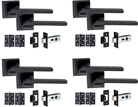 Golden Grace Sigma Door Handle Latch Set, Matt Black, 4 Sets | Includes spindle, screws, and a pair of 3-inch ball bearing hinges on a square rose for hassle-free internal installation.