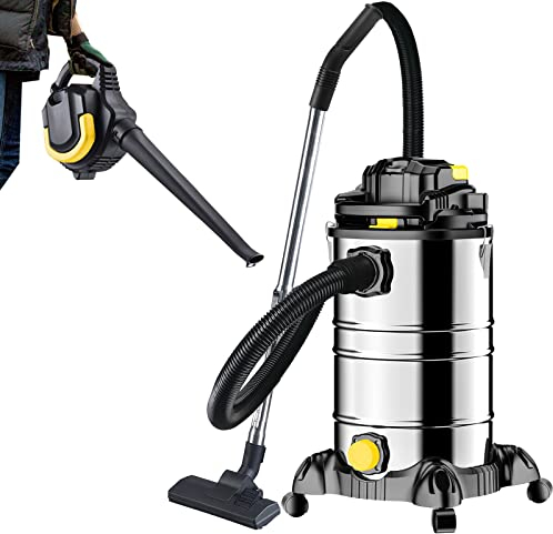 DMS Industriestaubsauger mit 2000 Watt | Nasssauger | Trockensauger | Laubsauger | Laubbläser | Edelstahl | Blasfunktion | beutellos | 30 Liter Fassungsvermögen (Gelb)