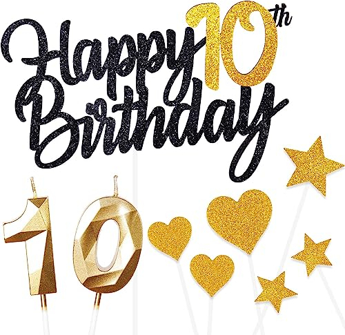 Kuchen Deko 10. Geburtstag für Mädchen und Jungen - Happy Birthday Schwarz Gold Cake Topper mit 3D Kerzen Nummer 10 - Dekoration für Mann und Frau (9 Stück)