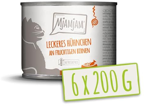 MjAMjAM – Premium Nassfutter für Katzen - leckeres Hühnchen an fruchtigen Birnen 200g, 6er Pack (6 x 200g), naturbelassen mit extra viel Fleisch
