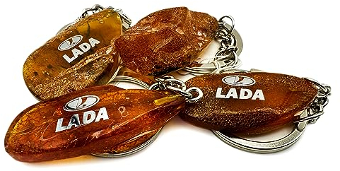 AET AUTOTEILE Naturbernstein Schlüsselanhänger Lada Logo silber natur braun Pascha
