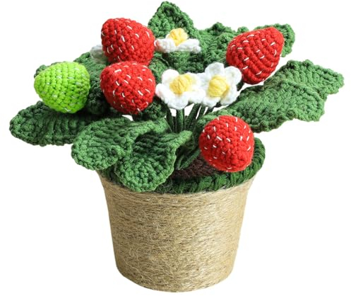 WAIT FLY Handgefertigte gehäkelte Blumen mit Vase, schöne Strickblumen, Topfpflanze für Zuhause, Büro, Schreibtisch, Regal, Dekoration, Erdbeere, B - 1 Stück