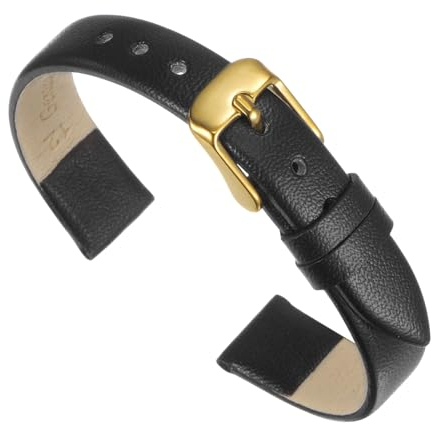 QUARKZMAN Uhrenarmband 12mm Leder mit Gold Edelstahl Schnalle, Uhrenarmbänder Vintage Ersatzarmband für Smartwatch Universal Uhr Elegantes Damen Herren (Schwarz)