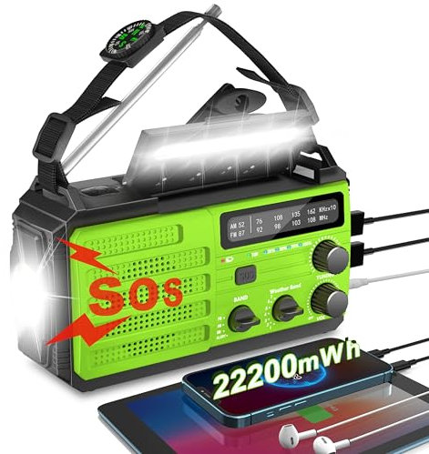 Emergency Weather Radio,8000mAh AMFM NOAA Weather Alert Radio,Solar Hand Crank Powered Radio with Super Bright Flashlight,Phone Charger,SOS Alarm,Compass for Survival, Hurricane,Outdoor, Emergency