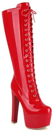 Donna Stivali Classic Plateau Tacco Alto Stivali al Ginocchio Stivali metà Polpaccio Cerniera Lacci Boots Tacco A Blocco 15CM High Heels,Rosso,46 EU