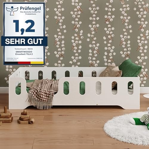 smartwood Bodenbett 140x200 Weiß - Montessori Kinderbett aus Holz mit FSC-Zertifikat TILA 2L mit Rausfallschutz & Lattenrost bis 300kg belastbar - Einfache Montage