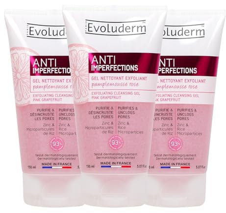 EVOLUDERM - Gel Nettoyant Exfoliant Anti-Imperfections - 150 ml - 93% d'Origine Naturelle - Végan - Fabrication Française - Lot de 3 x 150 ml