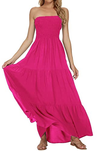 Timathous Femmes hors Shoulder D'été Sans Bretelles Plage Bohème Maxi Robe,Top Tube Longue Robes Robe, rose, L