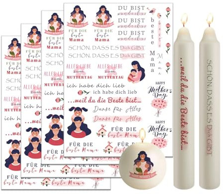 Bolosa 4 Stück Kerzentattoos 19x14cm, Kerzenaufkleber Muttertag, Kerzensticker für Muttertag, Folie für Kerzen, DIY Kerzengeschenke (Muttertag c)