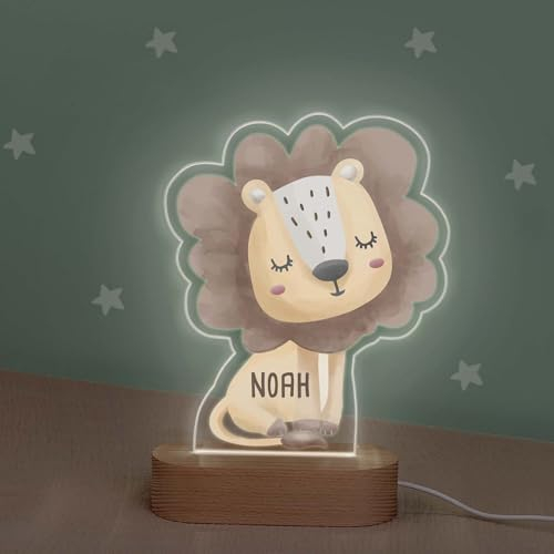 hellomini Personalisiertes Nachtlicht LED aus Acrylglas mit Holzsockel, Kinder Lampe mit USB Anschluss, Geschenk für Mädchen und Jungen, Schlummerlicht Wunschform, (Löwe, mit USB-Stecker)