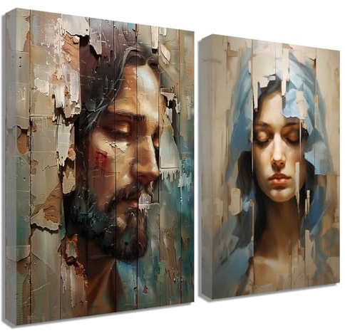 ZQQART Leinwandbild Jesus und Jungfrau Maria 2 teilig Heiliges Herz Jesu und Jungfrau Maria Gemälde Jesus Poster Kreuz Bibel Taube christliches Bild religiöses Dekor (A,30x40cmx2)