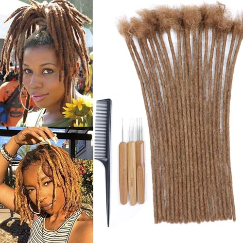 Huarisi 20 Strands 0.4cm Human Hair Dreadlocks Extensions for Black Women 12 inch Afro Kinky Honey Brown Fashion Handmade Permanent Locs Extensions Real Hair for Men (#30, 20 Locs)
