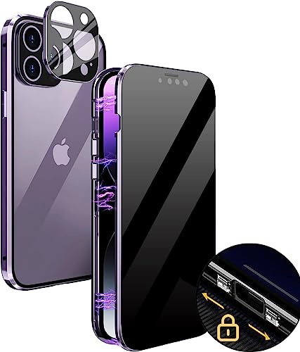 MIMGOAL Anti-Peep Case for iPhone 14 Pro Max Magnetic Cover,Privacy Tempered Glass Full Cover Built-in Camera Protector,360 Degree Front and Back Protection Metal Bumper Case, Deep Purple