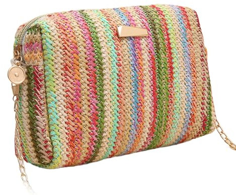 HBWL01 Sac de paille coloré pour femme - Sac de plage tissé - Motif arc-en-ciel - Sac à bandoulière pour printemps et été - Bleu, cyan, Taille unique