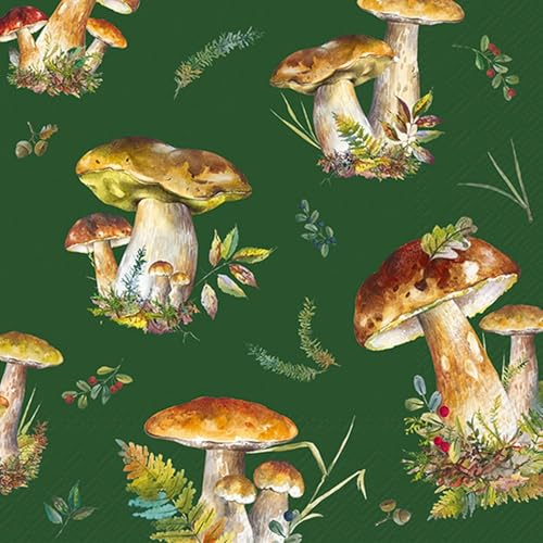 20 Servietten Herbst Pilze aus dem Wald auf grün als Tischdeko. Papierservietten mit Motiv. Auch für Decoupage und Serviettentechnik 33x33cm