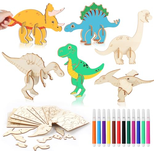 Svalor Dinosaurier Holz Bastelset, 24 Stück Drachen Geburtstag Bastelset mit Farbstifte, 3D Puzzle Dinosaurier Bastelset, Dino Holz Basteln Kinder für Mädchen/Jungen DIY Geburtstag Handwerk