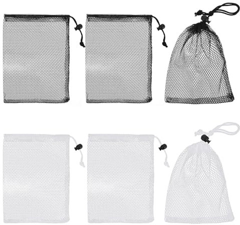 6PCS Small Mesh Drawstring Bags, 7.87 × 5.9 Inch Nylon Mesh Bag, Mesh Bags with Cord Lock, Net Bag for Travel Goods, Storage Bags (3 Black 3 White)