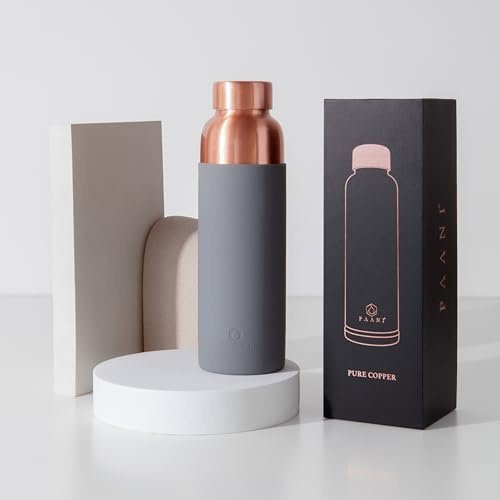 PAANI Pure Copper Water Bottle for Drinking 900ml with Grip Sleeve – Pure Copper Water Flask | Leakproof & Reusable Metal Water Bottle – Ayurvedic Travel Waterbottle for Gym & Yoga – Grey