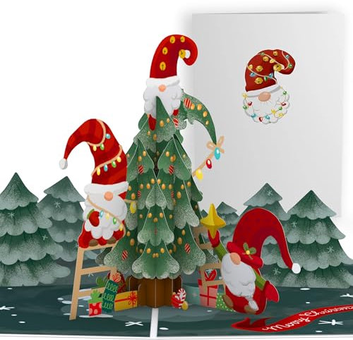 Lovepop® 3D Pop-Up Weihnachtskarte Weihnachten Karte lustige Wichtel schmücken Weihnachtsbaum | Versteckfach für Geldgeschenke & Gutscheine | inkl. Umschlag & Notizkarte