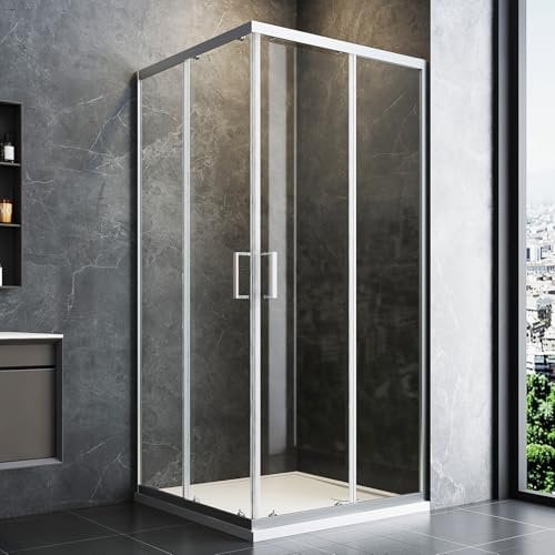 AQUARA 900 x 900mm Shower Enclosure, Corner Entry Sliding Shower Door, Chrome Finish with Toughened Safety Glass