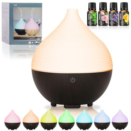 BUOAZR Aroma Diffuser, 160ML Diffuser mit Ätherische Öle, 7 Farben LED, mit 4 x10 ML Duftöl, Holzmaserung Luftbefeuchter, Automatische Abschaltung bei Wasserlosem Zustand für Zuhause, Büro, Oder, Yoga