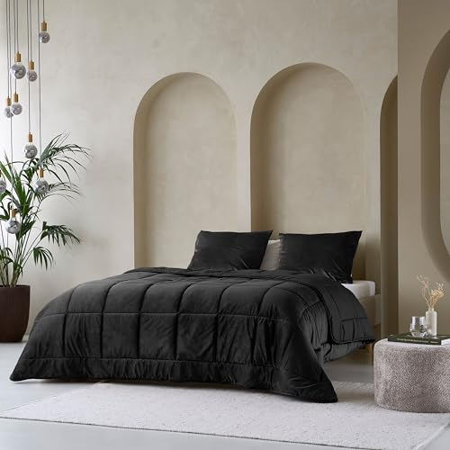 Zelesta Velvetbed Bettdecke - Waschbare bettdecke ohne Bezug - Samtstoff Bettwäsche - Winterdecke und Sommer-Bettdecke - Duvet - 4 Jahreszeiten - Anti-Allergene Steppdecke (Black, 200x200 cm)