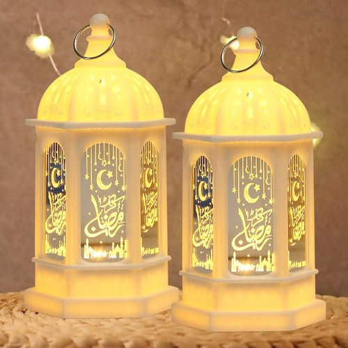 Ramadan Deko Lampe,2 Stück Ramadan Dekoration Laterne 17cm Muslim Ramadan Laternen Ramadan Deko Laterne LED Hängend Ramadan Licht Eid Mubarak Laterne Mond Stern Dekoration für Muslim Islamic Deko