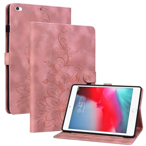 Rosbtib Funda para iPad Mini 5/4/3/2/1 7.9 Pulgadas, para iPad Mini 5.4.3.2.1. Generation, Funda Protectora de Visualización Multiángulo con [Ranura para Tarjetas] [Cierre Magnético], Lirios Rosa