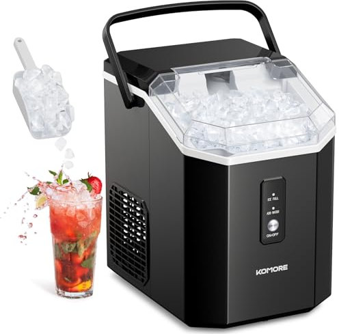 KOMORE Ice Maker Machine, Ice Cube Maker 15kg/Day Ready in 5 Mins, Portable Ice Machine with Handle, Ice Scoop & Basket, Self-Cleaning, Removable Top Cover, Nugget Ice Maker For Home Office, Black