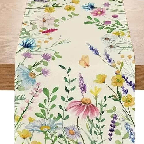 SHUOHONG Tischläufer Modern, Mode Gänseblümchen Lavendel Blumen Blätter Eukalyptus, Tischläufer Outdoor, für Esszimmer Party Urlaub Buffetpartys und Camping, 183 x 33 cm