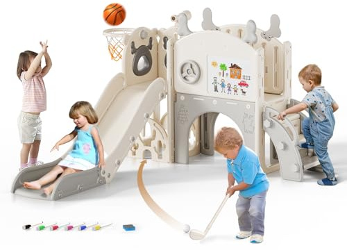 Kids Slide, large toddler slide with basketball hoop, climbing frame for the garden, telescope, storage space, slide, extra long slide 170cm (Six-in-one elk slide-beige gray))