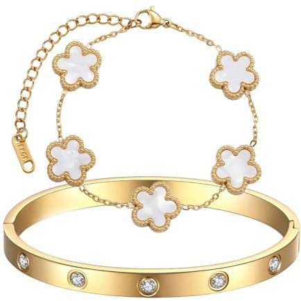 TenaLucy 2 Stück Armband mit Fünfblättrigem, Kleeblatt Armband Kleeblatt Glücksarmband, Einfache Design Stil Damen Schmuck Set, Wasserfest Armbänder Set Freundschaft für Damen Mädchen