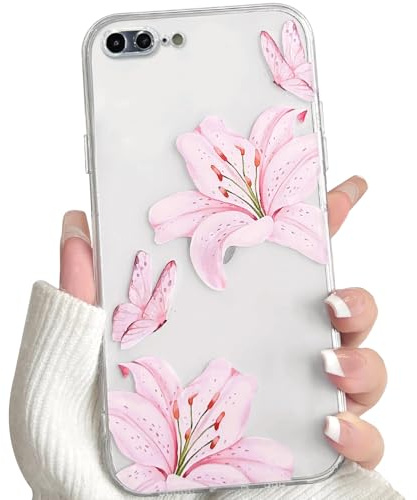 NITITOP Cover per iPhone 7 Plus / 8 Plus Carino Fiore di Giglio, Rosa | Trasparente Farfalla Motivo, per Donne Ragazze, TPU Morbido, Anti Ingiallimento Anti-Graffio, Protezione Antiurto Custodia