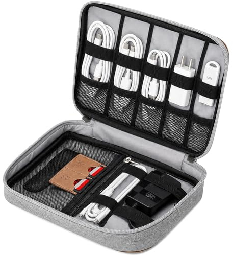 AiQInu Custodia Organizzatrice Elettronica, Borsa Accessori Tech Con Tasca iPad Mini, Slot Per Scheda SD & Cinghie Elastiche Per Caricatore, Cavi, Power Bank, Viaggi, Campeggio, Grigio