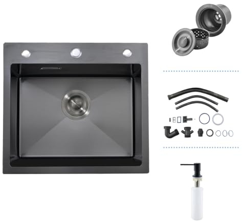 iAnomla Fregadero de Cocina Negro de 55 x 50 cm, Empotrable, de Acero Inoxidable, Profundo, con 3 Agujeros para Grifo, Dispensador de Jabón y Sifón, para Cocinas Pequeñas, Bares y Restaurantes