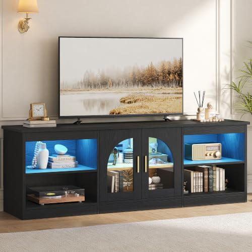 Hizyrina 146cm LED TV Stand Cabinet for Living Room, Large Long TV Unit for 55/60/65 Inch TV, Modern Under Television Furniture with Storage, Adjustable Shelves & Arched Glass Doors, Black