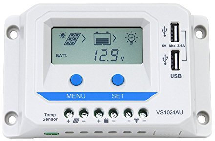 EPEVER 10 A Solarladeregler mit USB-Ports, Ausgang, 12 V/24 V, PWM, Solarmodul, Batterieladegerät, LCD-Display für Solaranlage (10 A, VS1024AU)