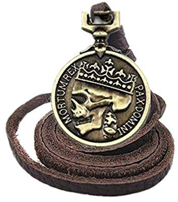 ODETOJOY Klassische Münze Anhänger Halskette Skull Steampunk geschoben Schmuck für Männer Herren Halskette aus braun Leder mit silberfarbenen Totenkopf-Münzen-Anhänger und Samtbeutel (Braun)