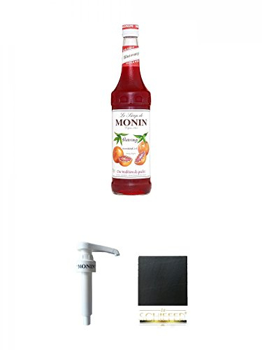 Monin Blutorange Sirup 0,7 Liter + Monin Dosier Pumpe für 0,7 & 1,0 Literflasche + Schiefer Glasuntersetzer eckig ca. 9,5 cm Durchmesser