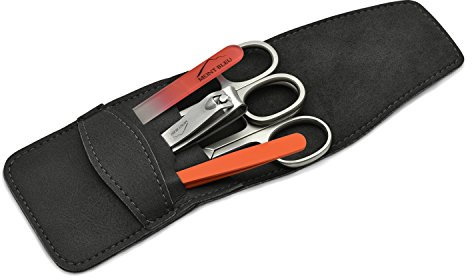 Mont Bleu 5-piece Manicure Set with crystal nail file, in Cruelty Free Leatherette Case | Italian Scissors - Czech Crystal Nail File - German Case