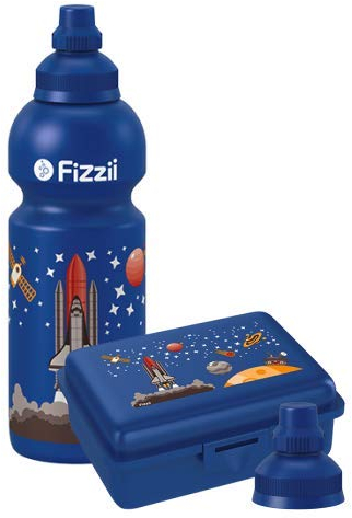 Fizzii Set Trinkflasche 600ml + Lunchbox inkl. Obst-/ Gemüsefach (schadstofffrei, spülmaschinenfest, Motiv: Weltraum)
