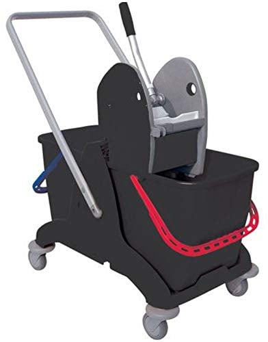 CARRELLO DOPPIA VASCA NERO LT. 25 + 25 CON MANICO BLU E ROSSO + STRIZZATORE SECCHIO LAVA PAVIMENTI PROFESSIONALE INDUSTRIALE