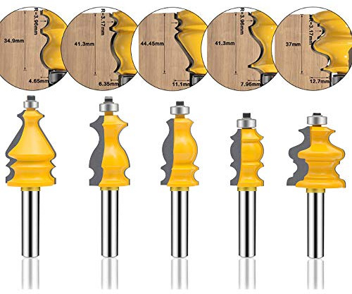 LUBEIN Architectural Molding Router Bit Set 1/4-Inch Shank 5 PCS, Corner Rounding Edge-forming Roundover Beading Router Bit Set, Woodworking Milling Tools, Carbide CNC Router Cutter (D2-7)